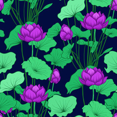 Fototapeta na wymiar Seamless pattern, background with lotus flower. Botanical illust
