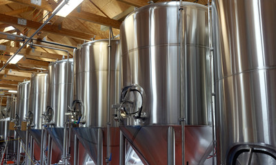 Row of shiny metal micro brewery tanks.