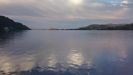 Flight over the water surface river Enisey in Krasnoyarsk city drone footage