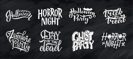 set of postcard for Happy Halloween. Modern and stylish hand drawn lettering. Quotes. Horror. Boo. Text banner on background for Halloween Party Night.