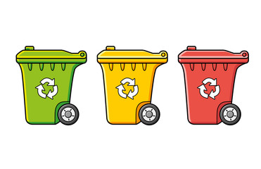 Recycling wheelie trash bin dumpsters in different colors isolated. Waste segregation management, separation or sorting. Green, yellow and red.