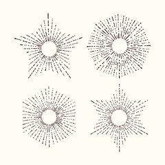 Set and collection of trendy hand drawn retro sunburst/bursting rays design elements.