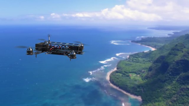 An aerial view of a racing drone flies above a tropical island.