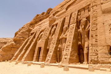 Abu Simbel, The Rock Temple in Nubia, Southern Egypt commemorating Pharaoh Ramesses II and his wife...