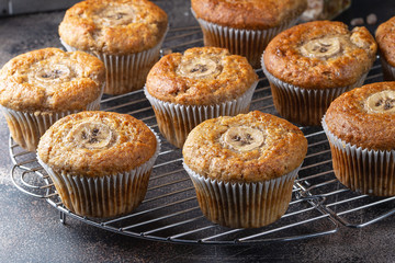 Banana muffins with cinnamon on cooling rack