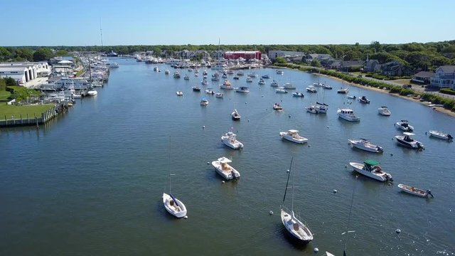 Flying Over a Crowd of Anchored Boats at Falmouth Harbor in Massachusetts