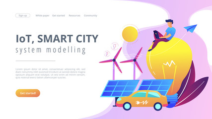 People around huge lamp analyzing power data. IoT, smart city and system modelling landing page. Power saving, smart grid energy, violet palette. Vector illustration on white background.