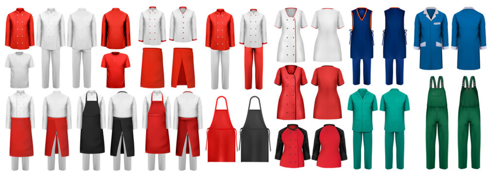Mega set of overalls with worker and shefcooks and medical clothes. Design template. Vector illustration.