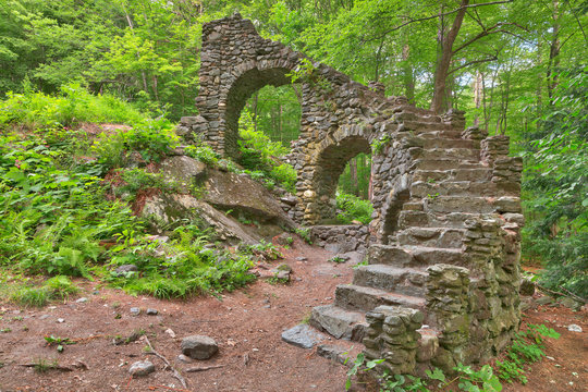 Castle staircase ruins from Madame Sherri Forest in West Chesterfield, New Hampshire (USA).