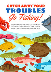 Fishing catch vector poster with seafood and fish