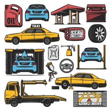 Car repair and service station vector icons