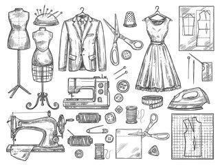 Obraz premium Tailoring and dressmaking vector sketch icons