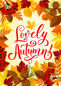 Autumn season maple leaf and rowan berry poster