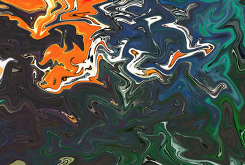 Abstract crazy swirl background. Liquid paint texture in expressionism style. Marble creative backdrop. Graphic fantasy modern fluid drawing. Marbled design with vortex elements. Bright warm colors. 