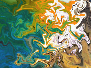 Abstract crazy swirl background. Liquid paint texture in expressionism style. Marble creative backdrop. Graphic fantasy modern fluid drawing. Marbled design with vortex elements. Bright warm colors. 