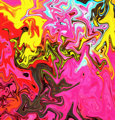 Abstract crazy swirl background. Liquid paint texture in expressionism style. Marble creative backdrop. Graphic fantasy modern fluid drawing. Marbled design with vortex elements. Bright warm colors. 