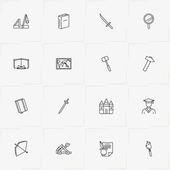 History line icon set with hammer, sword  and feather