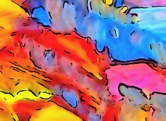 Chaotic lines on soft background in cartoon style. Abstract art in very bright juicy colors. Surreal painting texture. Psychedelic modern art. Warm saturated backdrop. Funny style crazy artwork.