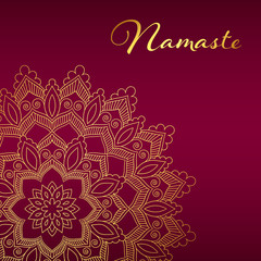 Fototapeta na wymiar Flyer or brochure template with golden mandala pattern. Yoga classes banner. Hand drawn vector illustration