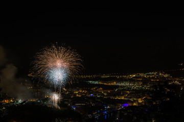 Celebration of bilbao parties with fireworks, Spain