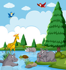 Obraz na płótnie Canvas Happy animals in the lake