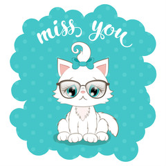 Cute cartoon white kitten in glasses with hand drawn lettering. Vector Illustration