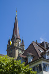 Fototapeta na wymiar Radolfzell am schönen Bodensee Münster Turm mit blauen Himmel Sommer 