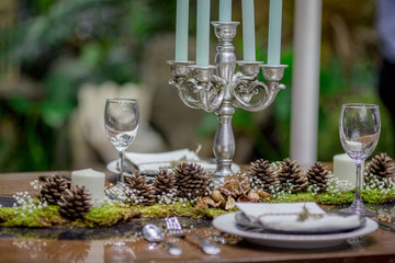 Background view, table setting (wine glass, plate, spoon, fork) placed on the table. Ready to use.