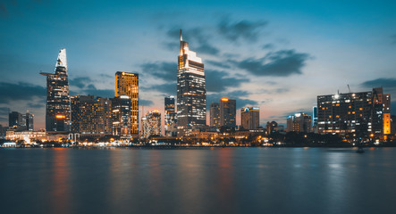 Fototapeta na wymiar Beautiful landscape sunset of Ho Chi Minh city or Sai Gon, Vietnam. Royalty high-quality free stock image of Ho Chi Minh City with skyscraper buildings