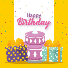 happy birthday card with cake and gifts