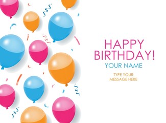 Happy Birthday Card with balloons, confettis, and white background. Editable poster. Vector