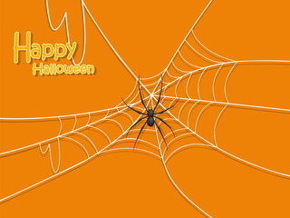 Happy Halloween. Spider black and cobweb on color Background. Card, poster, banner. Vector illustration
