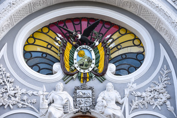 Bolivian coat of arms on the Chuquisaca Governorship Palace in Plaza 25 de Mayo Square, Sucre,...