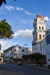 Fototapeta na wymiar The Metropolitan Cathedral of Sucre, in Plaza 25 de Mayo square in Sucre, Bolivia