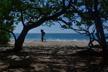 silhouette of a traveler walking on the beach