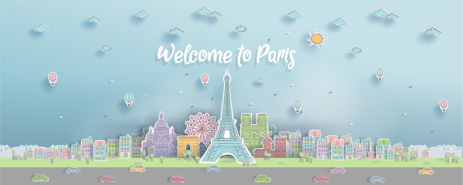 Panorama of world famous landmark of Paris, France in paper cut style with hand drawn vector illustration for postcard and travel poster.