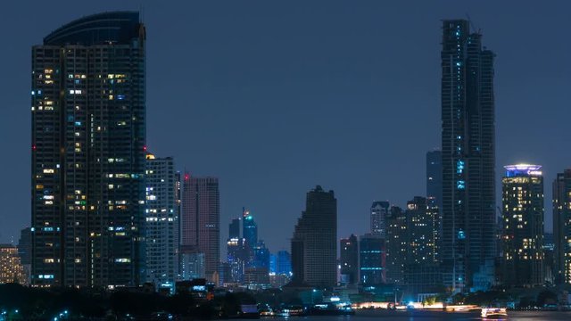 Timelapse shot of Chaopraya river view in Bangkok, Thailand. Night scene.
