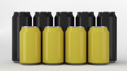  Black and yellow soda cans standing in two raws on white background