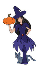Witch Holding a Pumpkin, with black cat.