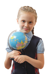 girl holding a world globe on a white background