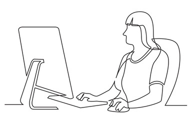 continuous line drawing of office female worker sitting working behind computer display