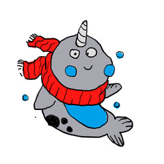 Cute cartoon narwhal . illustration