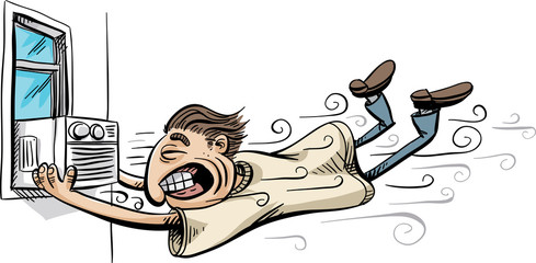 A cartoon of a strong window air conditioner blowing a man in its powerful wind.