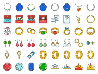 diamond, gemstones and jewelry related, filled outline icon set