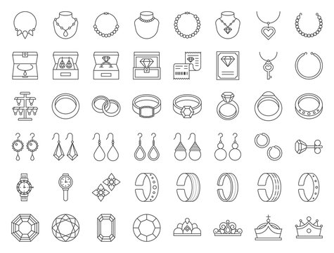 diamond, gemstones and jewelry related, thin line icon set