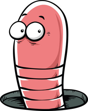 A nervous cartoon worm poking its head out of a small hole.