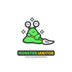 Green Slime monster janitor cleaner logo icon sticker. Monster cleaner with mop cleaning and shining character mascot illustration