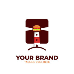 Lighthouse burger logo icon building. Lighthouse with burger fast food on top in night illustration badge square sticker
