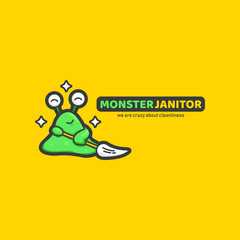 Monster slime janitor cleaner mascot logo icon character illustration with mop