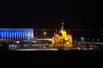 Fototapeta na wymiar Nizhny Novgorod, Russia - August 18, 2018: Night view of Kanavinsky bridge, Alexander Nevsky Cathedral and 